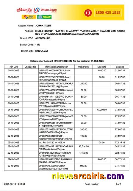 India Union Bank of India statement of account Word and PDF